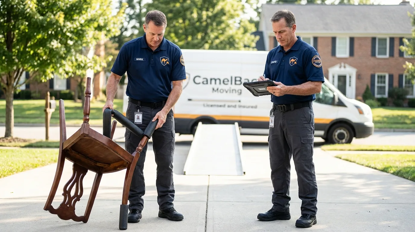 Movers inspecting furniture for damage prevention before loading in Quakertown, PA