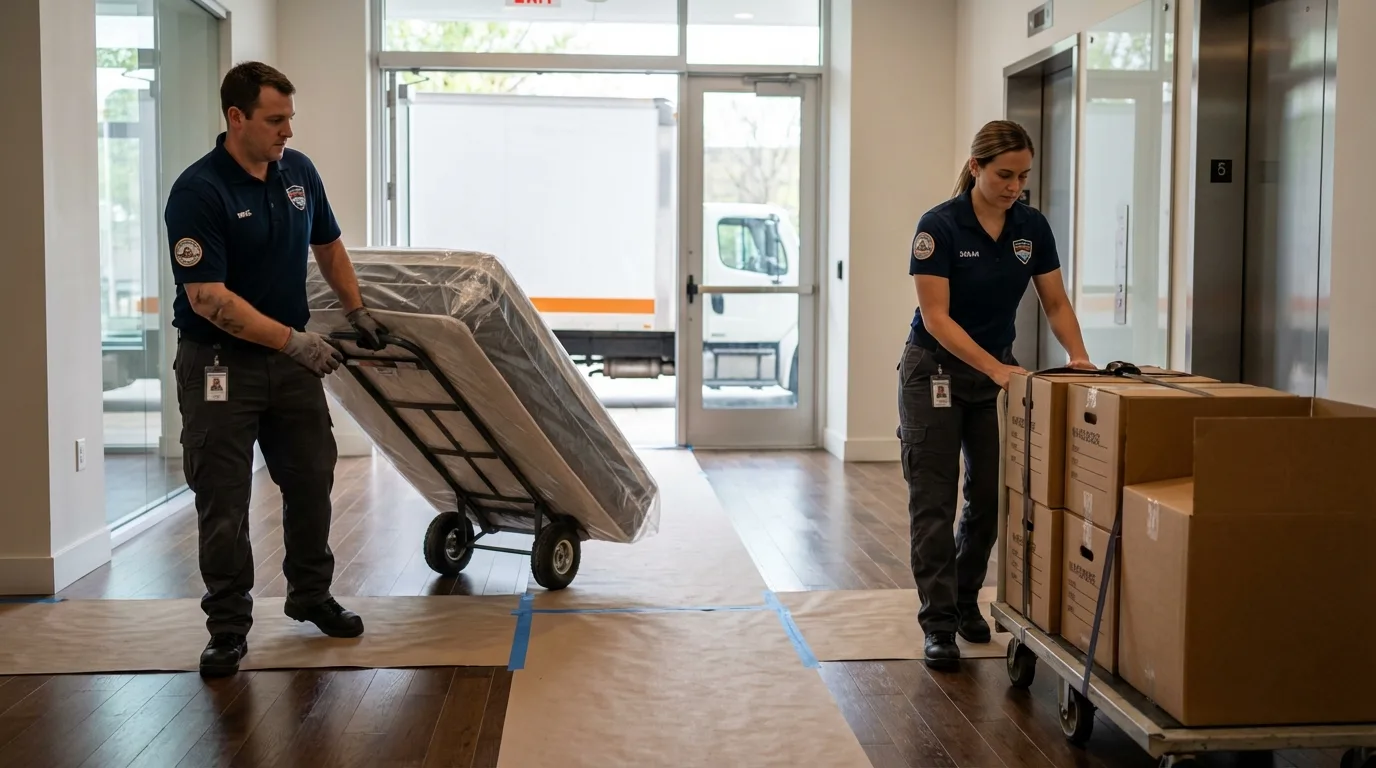 Professional apartment movers loading elevator in Quakertown, PA