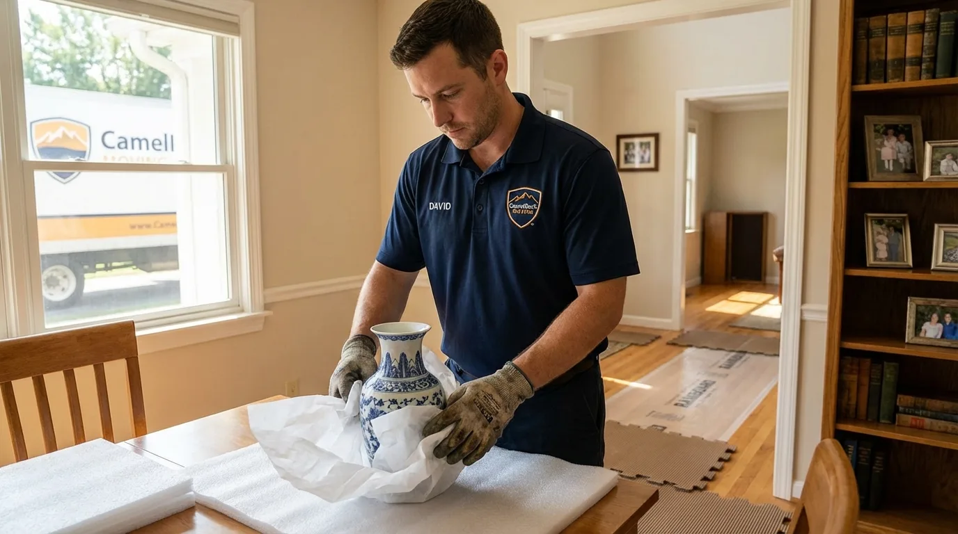 Professional crew carefully wrapping antique vase for senior downsizing move in Quakertown, PA